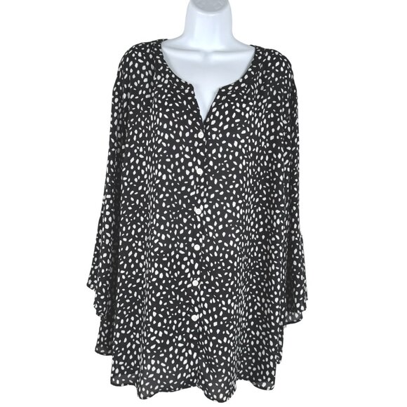 Catherines Top Shirt Blouse 3X Button Front Black White Print Tab Sleeve TP-3613 - Picture 1 of 10